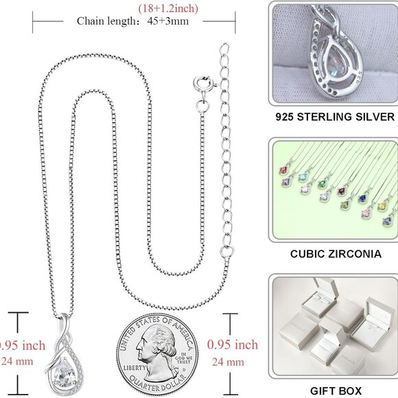 Sterling Silver Teardrop Necklace Women Birthstone Jewelry Gift - Picture 6 of 6